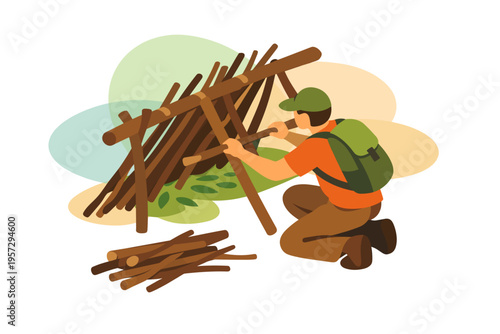 Man building a survival shelter with sticks and branches outdoors.