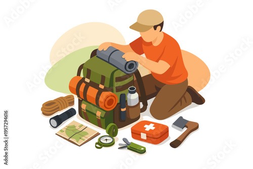 Man packing backpack for outdoor adventure and camping trip.