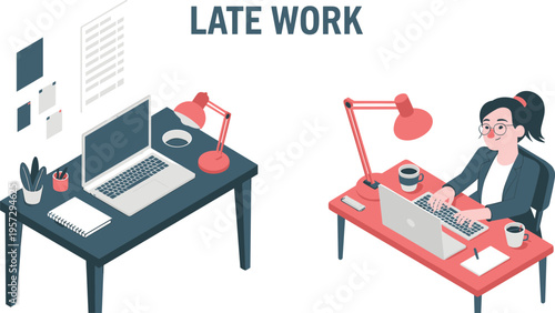 Late work concept with woman working on laptop at night desk workspace with lamp coffee and office productivity illustration