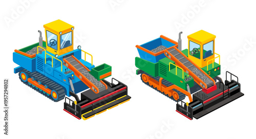 Isometric depiction of two industrial rock crushers with conveyor belts