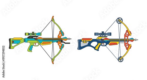 Colorful illustration of two modern crossbows with optical sights