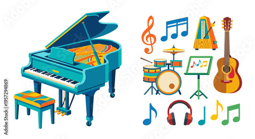 Colorful illustration of musical instruments including a grand piano and guitar
