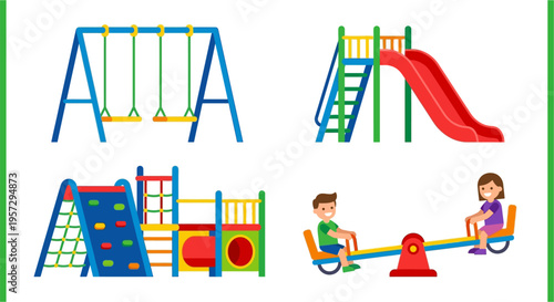Colorful playground equipment including swings slide and seesaw illustrations