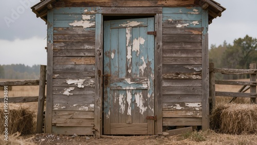 A weathered wooden barn door with peeling paint and visible wood grain patterns, positioned at a Long Shot under soft overcast lighting.