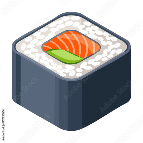 Isometric vector icon of maki sushi, a cylindrical roll wrapped in nori with visible layers of rice and filling