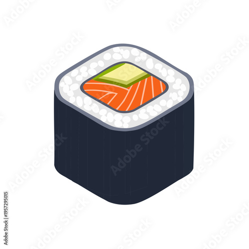 Isometric vector icon of maki sushi, a cylindrical roll wrapped in nori with visible layers of rice and filling