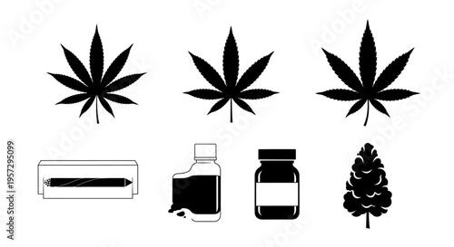 Cannabis leaves smoking paraphernalia and a pine cone illustration
