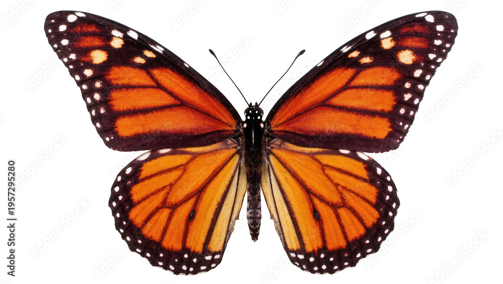Obraz premium Stunning monarch butterfly with iconic orange and black wing patterns, viewed from above