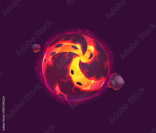Cartoon alien space planet with fire lava landscape, vector galaxy fantasy icon. Cartoon alien space planet with magma lava in crack craters of hot fire glow for cosmic adventure or galaxy game