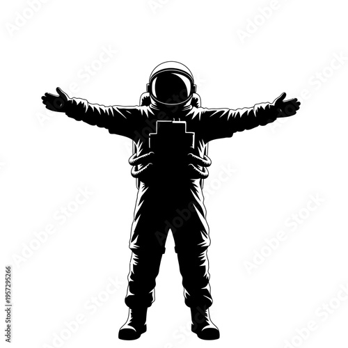 Silhouette of an Astronaut with Arms Outstretched in Space Suit.
