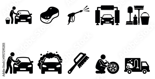 A collection of black and white pictogram icons illustrating various car washing and detailing processes, including washing, scrubbing, and drying.