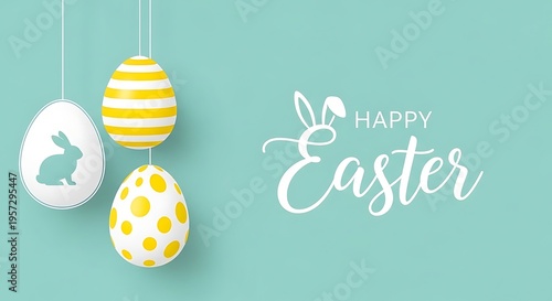Happy easter greeting card design with hanging decorative eggs on a soft mint green background