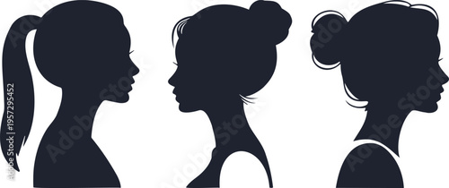 Three female silhouette profiles with different hairstyles, facing right, black and white, side view, style guide, hair salon