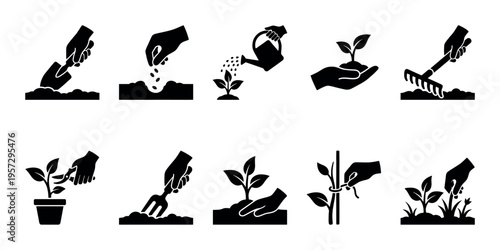 A collection of black silhouette icons illustrates various gardening tasks performed by hands, including planting, watering, and tending to plants.