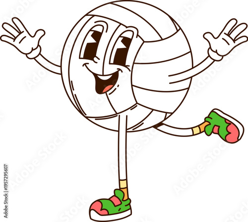 Cartoon groovy volleyball ball as sport hippie character with funny face, comic vector emoji. Groovy volleyball ball with happy smile and trippy expression in good vibes and Y2K hipster shoes
