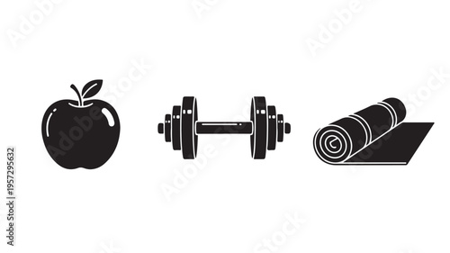 Fitness Icons Apple Dumbbell Yoga Mat Black Symbols For Healthy Lifestyle Concepts