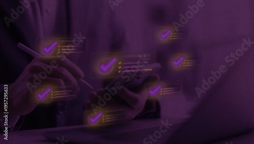 Businessman using smartphone with digital checklist and task management interface. Concept of productivity, workflow optimization, mobile planning, and business organization with digital tools.