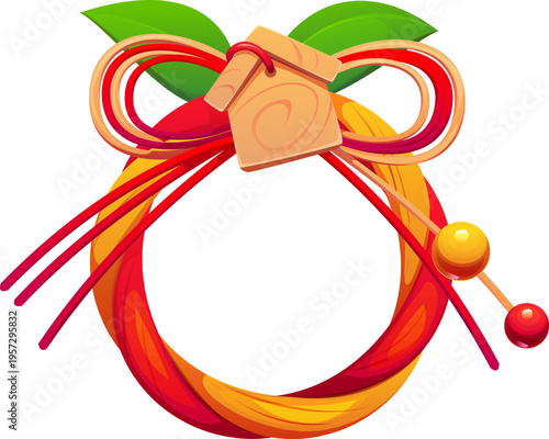 Japanese New Year shimenawa braided rope cartoon decoration. Japan tradition braided sacred item, Japanese New Year holiday vector rope frame. Asian festival shimenawa border with wooden ema, leaves
