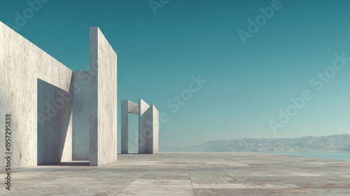 Minimalist concrete structures and openings against a vast blue sky and distant mountains architecture