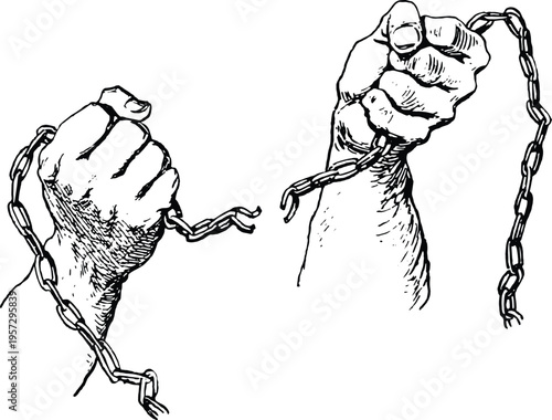 Broken chain in hand illustration freedom, escape, and overcoming obstacles concept, breaking free, line art, black and white