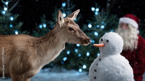 Christmas scene: reindeer and snowman among snowy trees and Santa Claus.