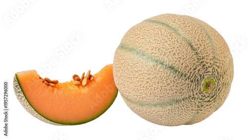 Foto Ripe fresh whole cantaloupe melon and juicy slice with seeds, healthy sweet summ