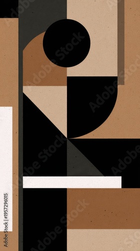 Minimalist geometric abstract with black circle and brown shapes on textured background image photo