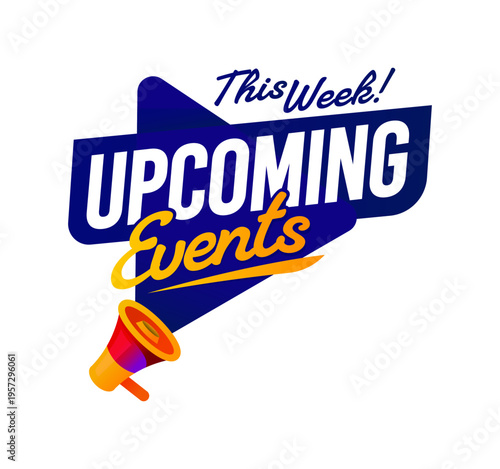 Upcoming events label icon, save the date badge. Bold vector symbol featuring red yellow megaphone that announces important future events. Vibrant icon for event planning app, community calendar