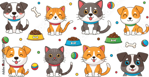 Kawaii pet life vector collection with cute kittens and puppies featuring food bowls bones and colorful balls for digital stickers pet shop branding and nursery decor.