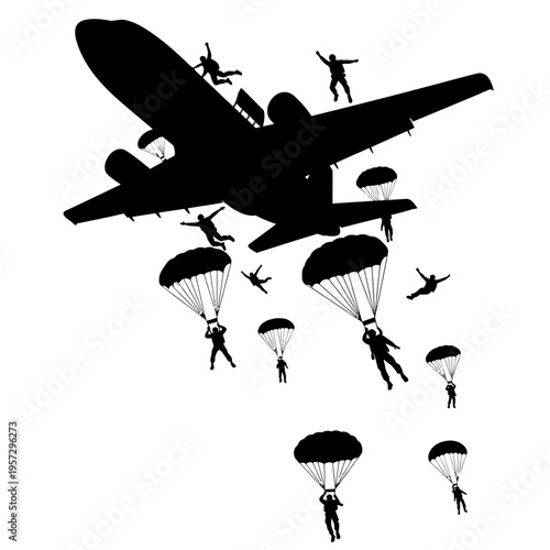 Silhouette of Skydivers Jumping from Airplane in Formation.