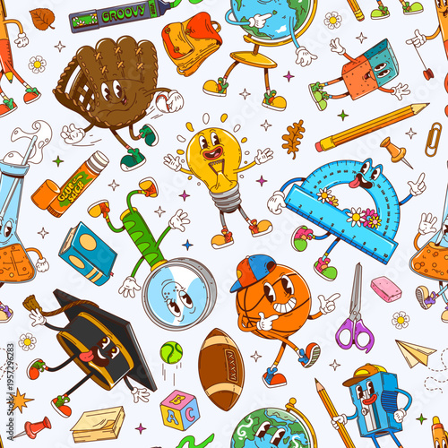 School education stationery groovy characters seamless pattern, vector background. Cartoon school groovy characters pattern of eraser with funny face, ruler with silly smile and happy pencil with book