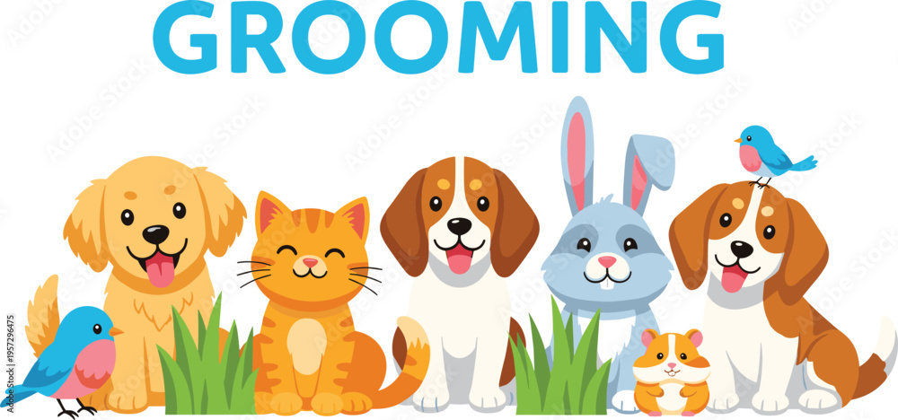 Fototapeta premium Kawaii pet grooming vector illustration with cute golden retriever beagle cat rabbit and hamster for pet shop signage veterinary clinics and animal care services.
