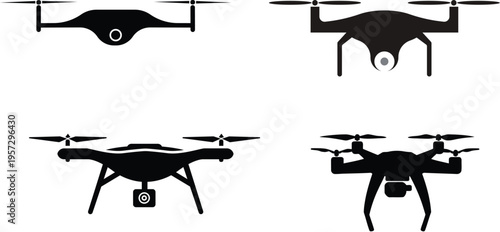 Set of four black silhouette drone icons, representing unmanned aerial vehicles used for photography, delivery, and surveillance
