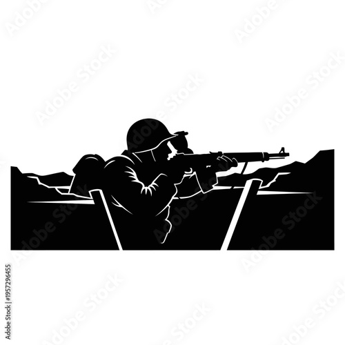 Silhouette of Soldier Aiming Rifle in Trench Warfare Scene.