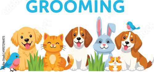 Kawaii pet grooming vector illustration with cute golden retriever beagle cat rabbit and hamster for pet shop signage veterinary clinics and animal care services.