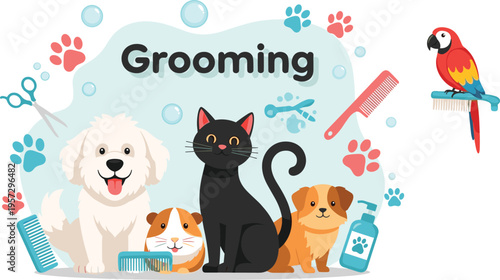 Kawaii pet grooming services vector illustration with cute dog black cat guinea pig and parrot with grooming supplies for pet shop banners and veterinary clinic websites.