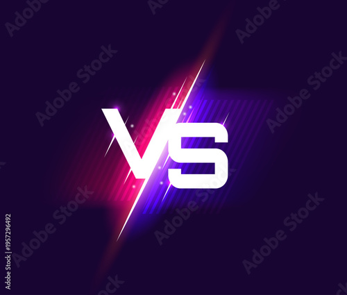 VS fight battle with versus sign for sport game showdown with neon lightning, vector banner. Confrontation VS shield badge on neon red and blue background with light flares for VS team battle contest