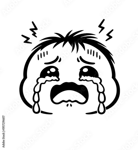 Loud Crying Baby Face with Big Tears, Cute Emotional Expression Illustration, Screaming Infant Icon