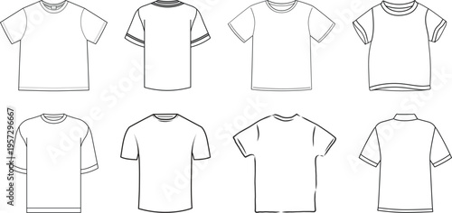 Collection of blank t-shirt templates and styles shown from front and back views, perfect for design mockups and fashion concepts