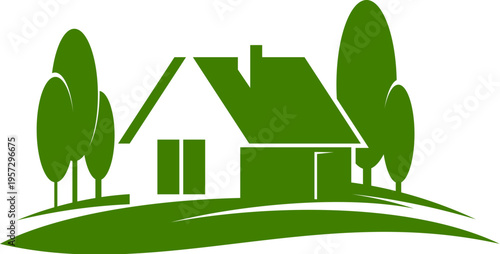 Eco house icon of country cottage or bungalow with forest trees, vector symbol. Eco house emblem of sustainable green energy building and ecology home construction and housing development project