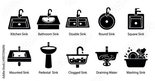 A collection of black and white vector icons representing various types of sinks, including kitchen, bathroom, double, round, square, mounted, pedestal, clogged, draining, and washing sinks.