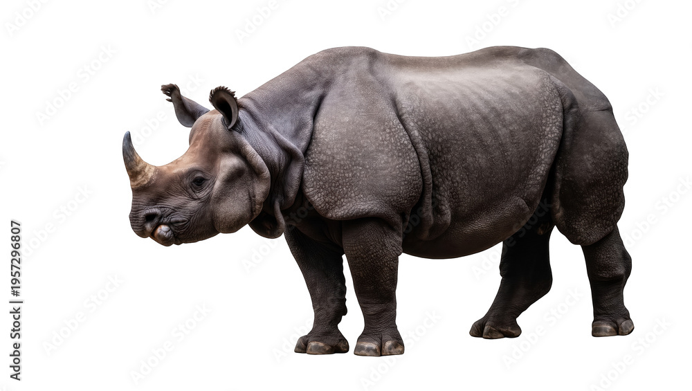 Fototapeta premium Powerful wild rhinoceros standing proudly, showcasing its majestic form, a large strong mammal