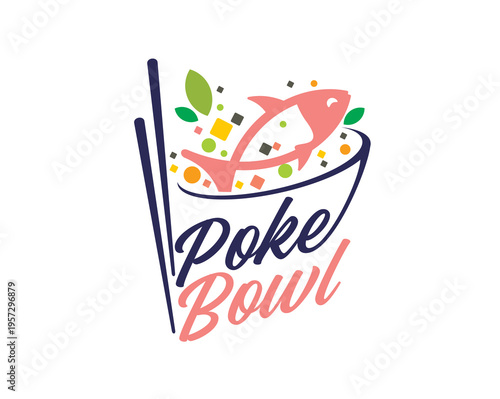 Poke salad Hawaiian bowl icon of tuna or salmon fish with chopsticks for cuisine food menu, vector emblem. Poke bowl sign with vegetables salad for cuisine snack meal appetizer dish