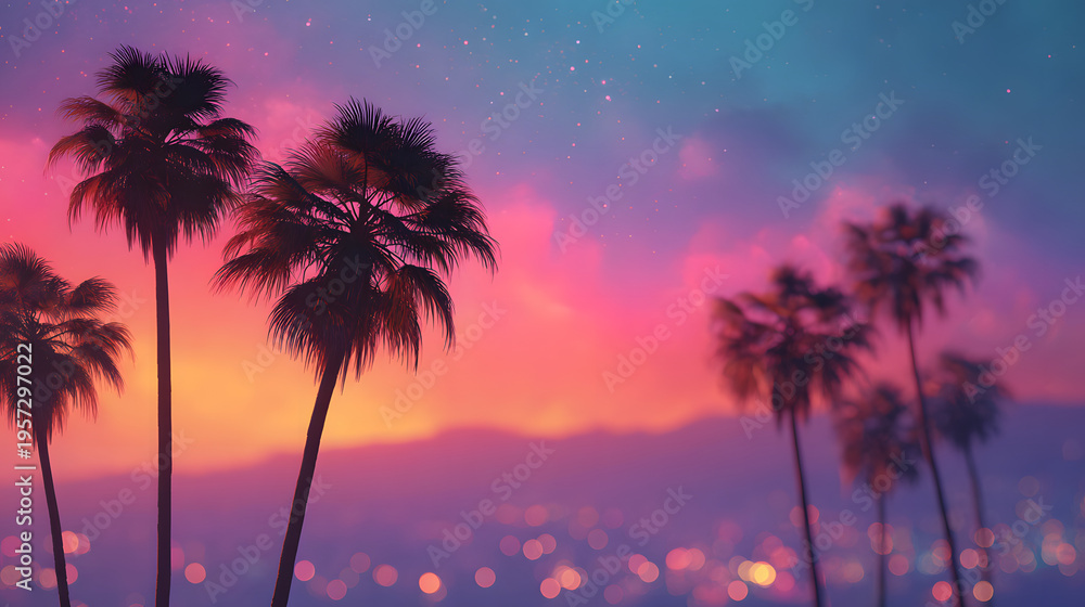 Obraz premium Silhouetted Palm Trees at Colorful Sunset with City Lights – Tropical Evening Vibes and Dreamy Summer Skyline