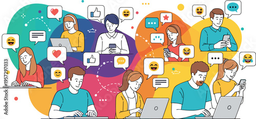 Social media networking and digital community vector illustration with diverse people using laptops and smartphones with emojis and chat bubbles for online marketing landing pages.