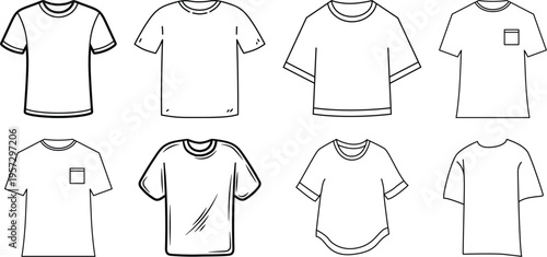 Assortment of blank t-shirt styles and variations including pocket details, perfect for fashion design mockups and creative projects
