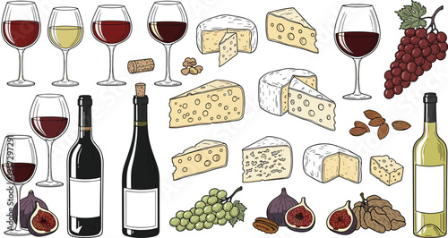 Wine and cheese tasting vector collection with red white wine bottles glasses brie cheddar grapes figs and nuts for restaurant menus winery events and food pairing designs.