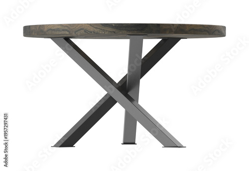 Round Dark Wood Slab Table Front View Isolated on White Background