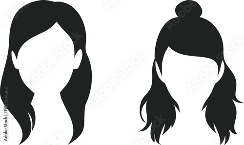 Graphic silhouettes of two female hairstyles: long and tied-up hair, black and white, ideal for salon or fashion concepts