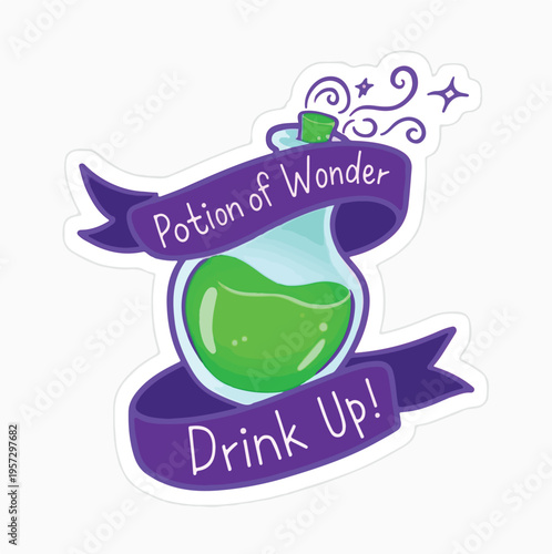 Whimsical cartoon sticker design features a bright green potion of wonder wrapped in a purple magic banner